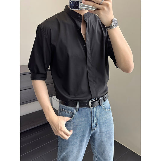 Genzoz Chinese Men’s Stand Collar Shirt Summer Half Sleeve Casual Shirt