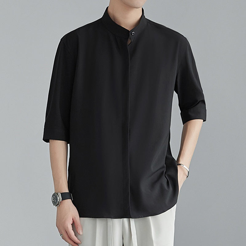 Genzoz Chinese Men’s Stand Collar Shirt  Summer Half Sleeve Casual Shirt