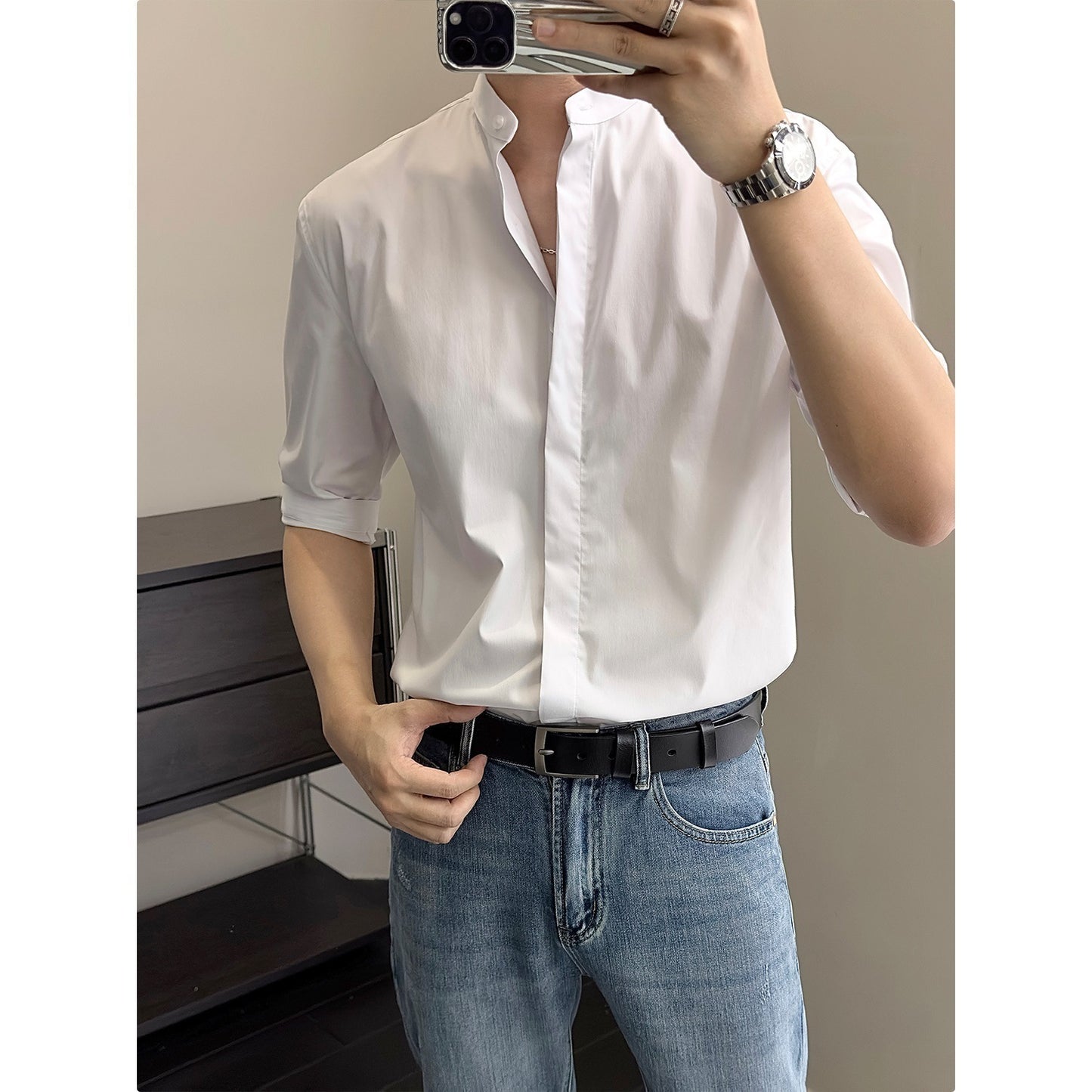 Genzoz Chinese Men’s Stand Collar Shirt  Summer Half Sleeve Casual Shirt