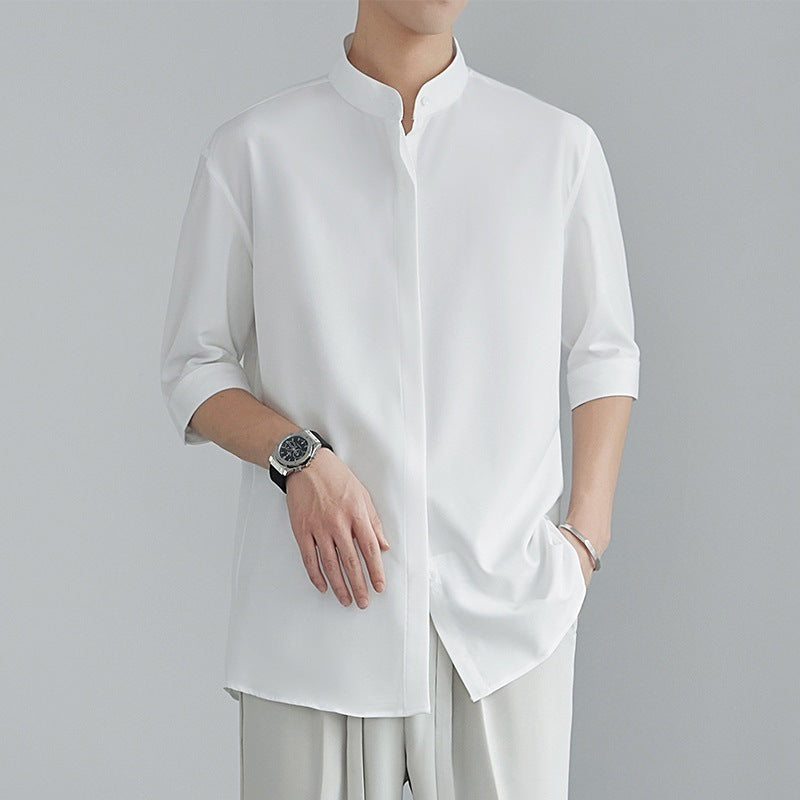 Genzoz Chinese Men’s Stand Collar Shirt  Summer Half Sleeve Casual Shirt